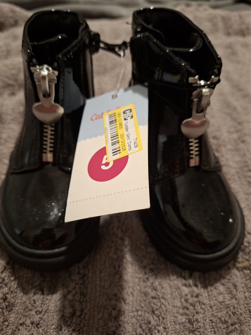 Kids Black Patent Ankle Boots with Heart Zipper Pulls (S0119)